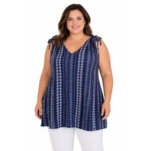 Woman Within Tank Top Size 1X 22/24 Blue White Print Sleeveless Tunic Tie Sleeve